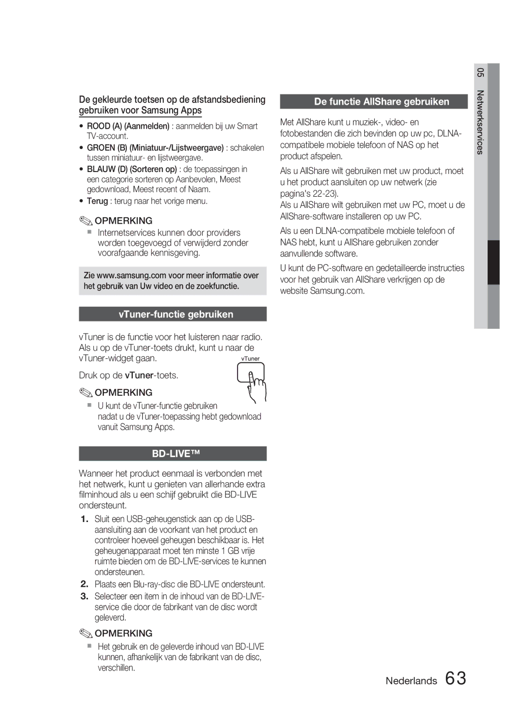 Samsung HT-D5000/XN, HT-D5000/EN VTuner-functie gebruiken, De functie AllShare gebruiken, Terug terug naar het vorige menu 