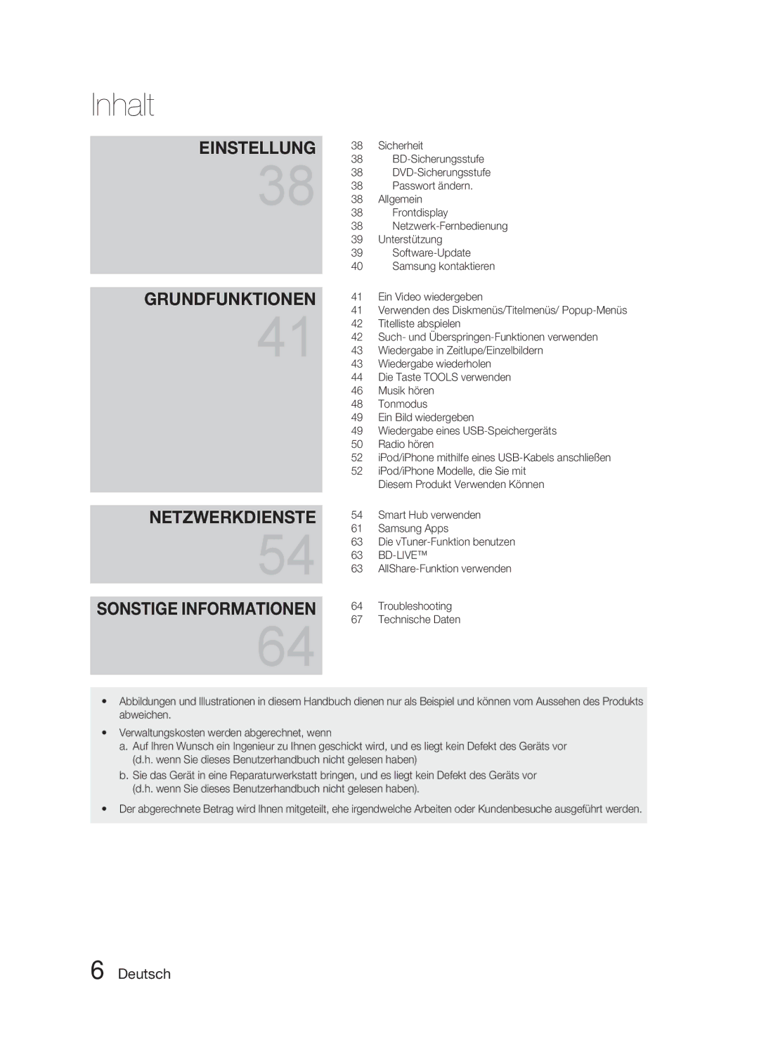 Samsung HT-D5000/XN manual BD-Sicherungsstufe, DVD-Sicherungsstufe, Passwort ändern, Allgemein, Frontdisplay, Unterstützung 