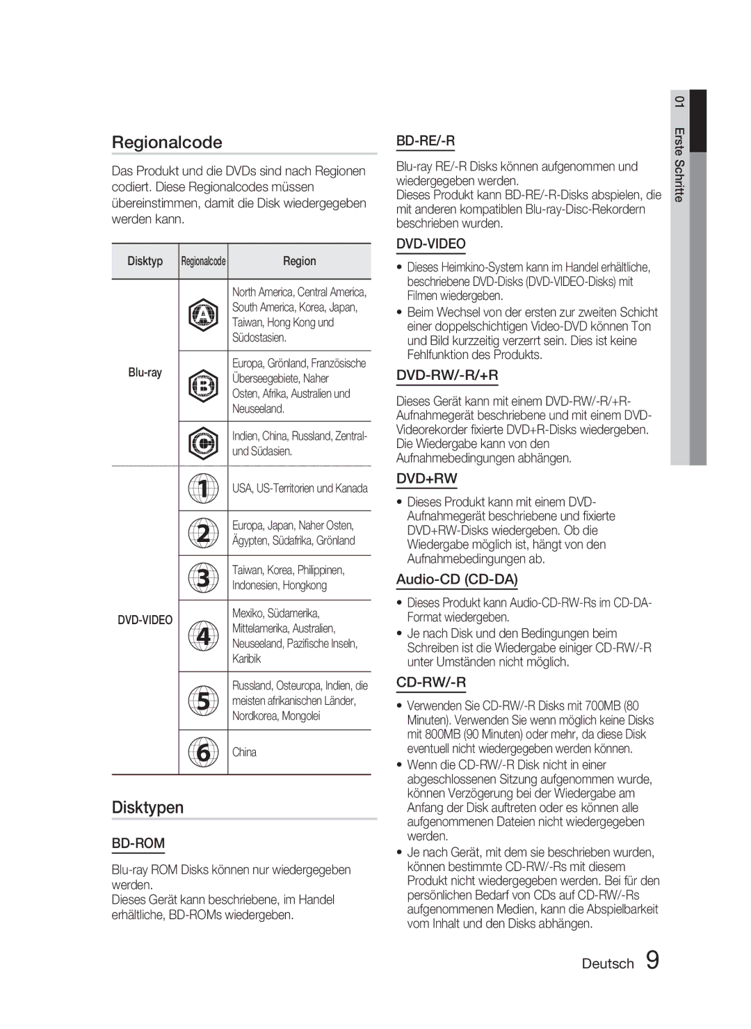 Samsung HT-D5000/XN, HT-D5000/EN, HT-D5000/ZF manual Regionalcode, Disktypen 