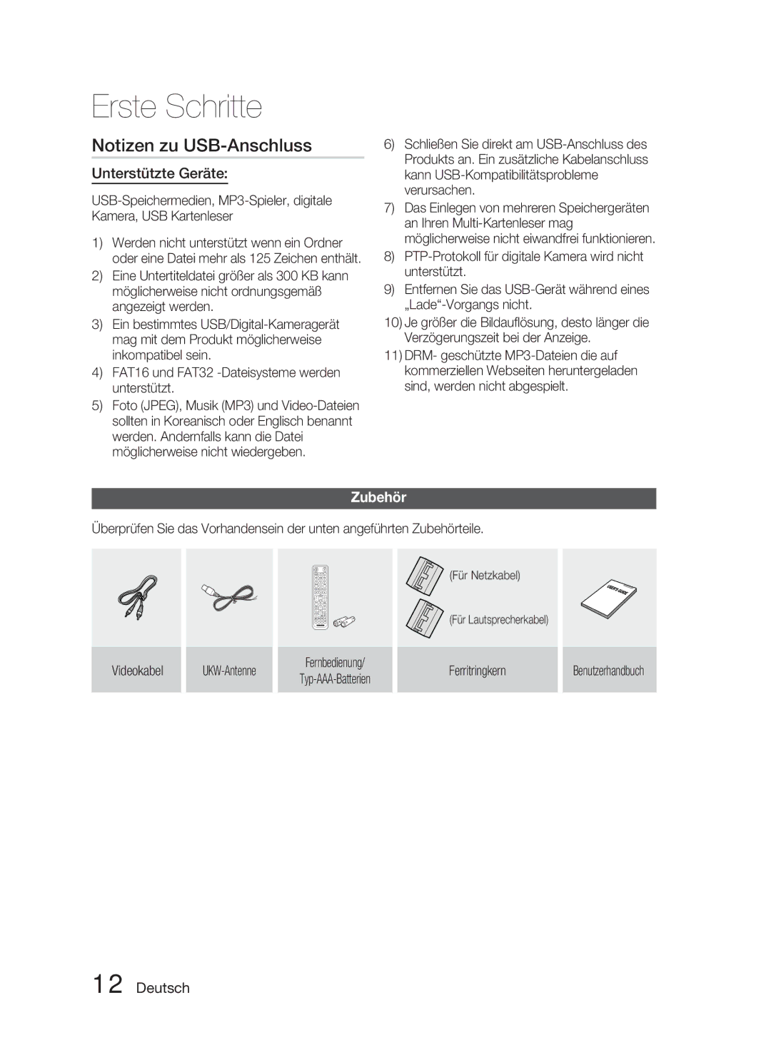 Samsung HT-D5000/XN, HT-D5000/EN Notizen zu USB-Anschluss, Unterstützte Geräte, Zubehör, Ferritringkern Benutzerhandbuch 