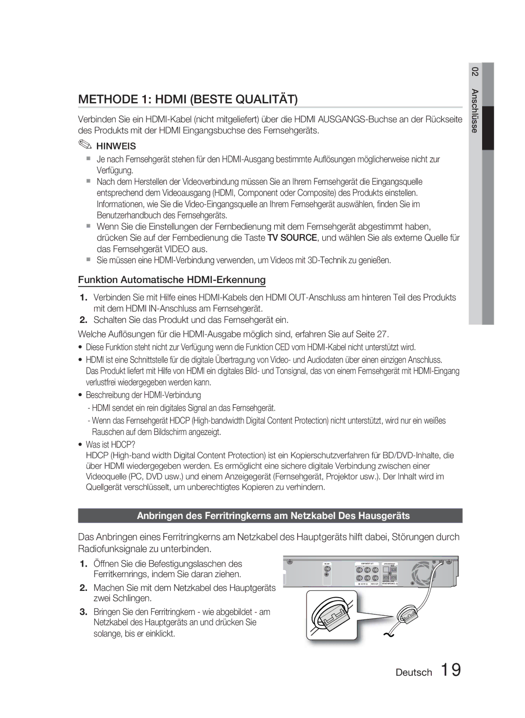 Samsung HT-D5000/EN manual Funktion Automatische HDMI-Erkennung, Anbringen des Ferritringkerns am Netzkabel Des Hausgeräts 