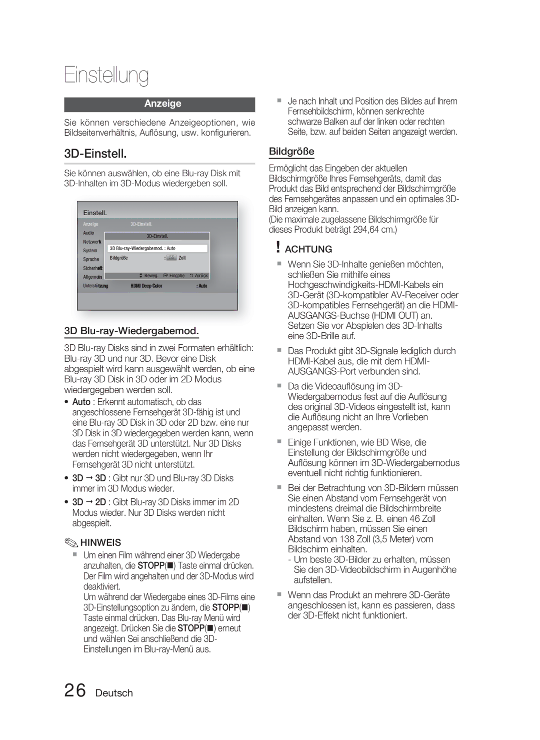 Samsung HT-D5000/ZF, HT-D5000/XN, HT-D5000/EN manual 3D-Einstell, Anzeige, 3D Blu-ray-Wiedergabemod, Bildgröße 