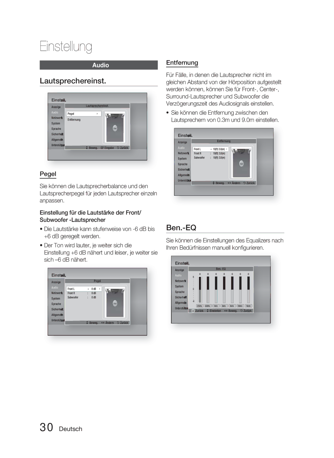 Samsung HT-D5000/XN, HT-D5000/EN, HT-D5000/ZF manual Lautsprechereinst, Ben.-EQ, Pegel, Entfernung 