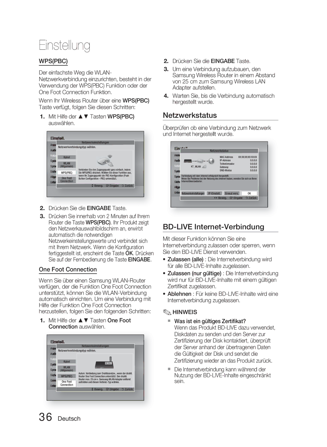 Samsung HT-D5000/XN, HT-D5000/EN, HT-D5000/ZF manual Netzwerkstatus, BD-LIVE Internet-Verbindung 