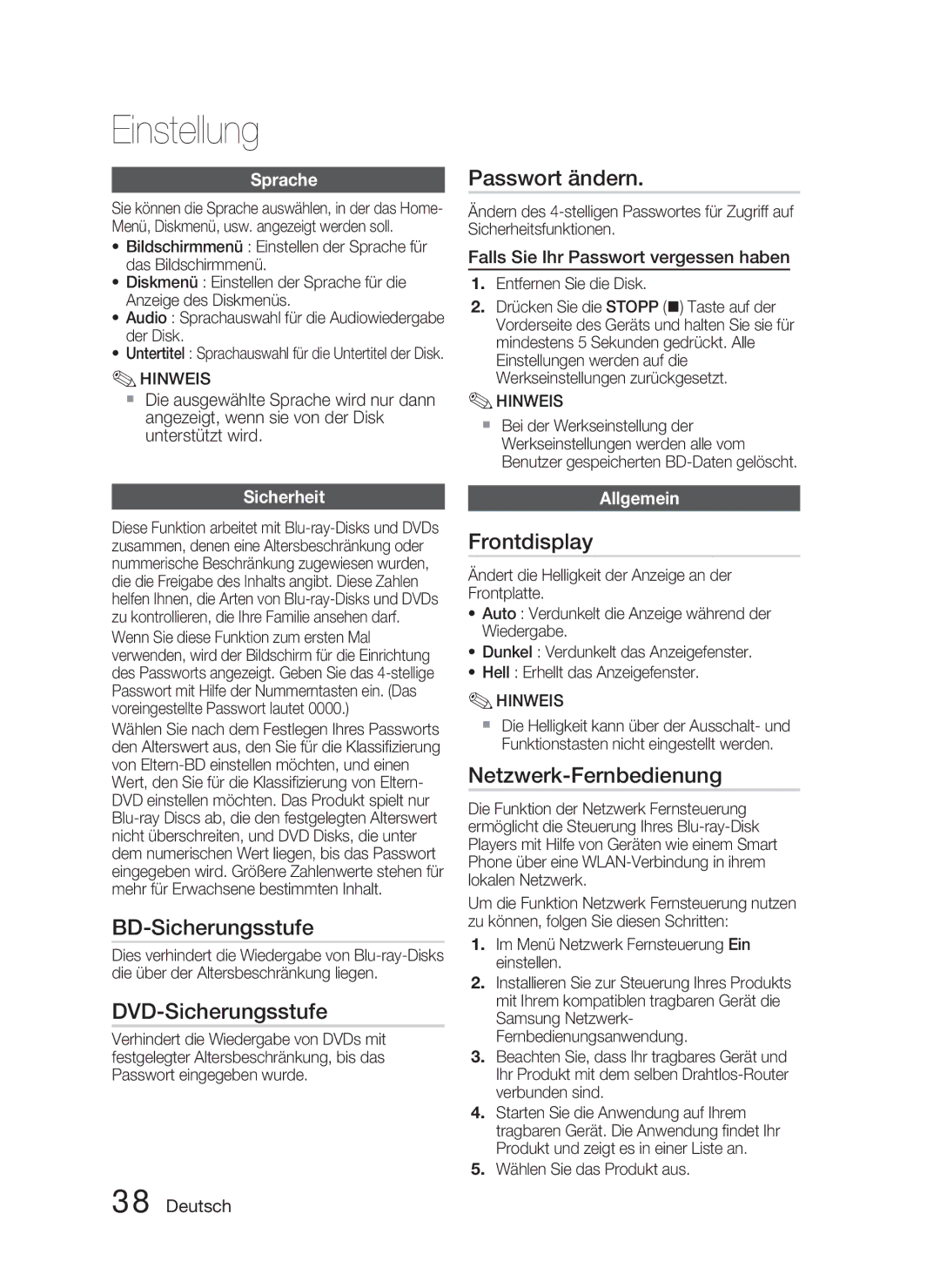 Samsung HT-D5000/ZF manual Passwort ändern, BD-Sicherungsstufe, DVD-Sicherungsstufe, Frontdisplay, Netzwerk-Fernbedienung 