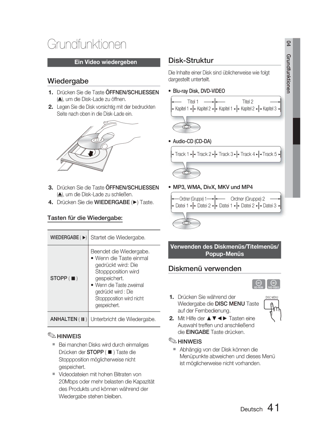 Samsung HT-D5000/ZF, HT-D5000/XN, HT-D5000/EN manual Grundfunktionen, Wiedergabe, Disk-Struktur, Diskmenü verwenden 