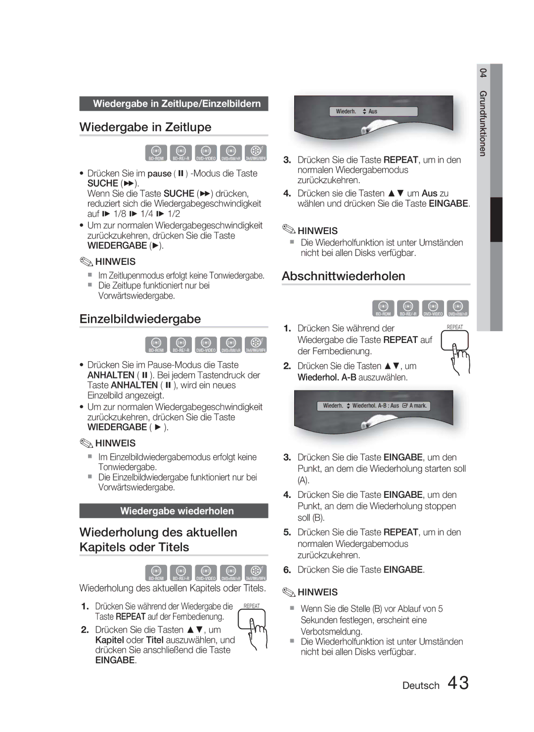 Samsung HT-D5000/EN manual Wiedergabe in Zeitlupe, Einzelbildwiedergabe, Wiederholung des aktuellen Kapitels oder Titels 