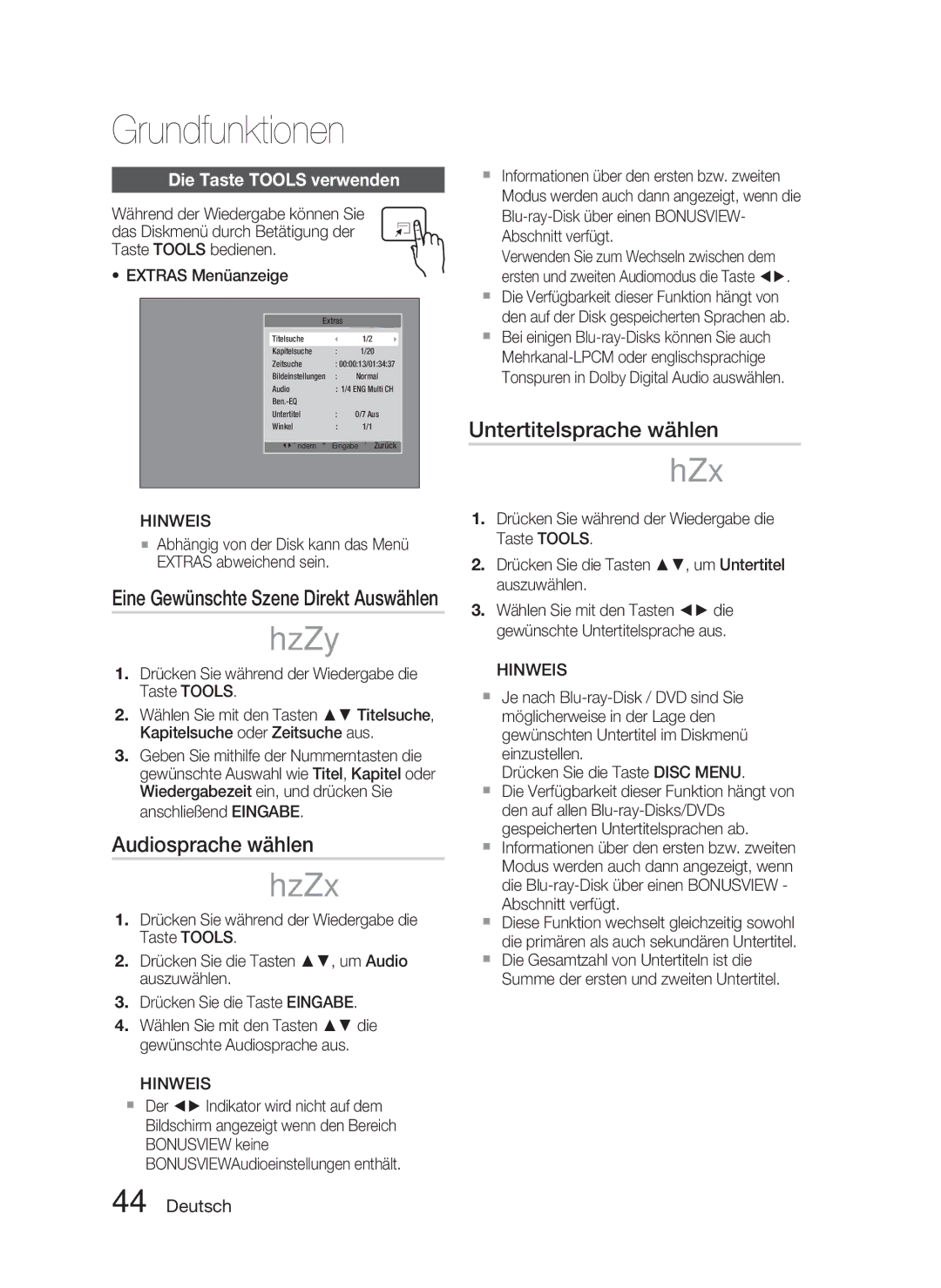 Samsung HT-D5000/ZF, HT-D5000/XN, HT-D5000/EN manual Audiosprache wählen, Untertitelsprache wählen, Die Taste Tools verwenden 