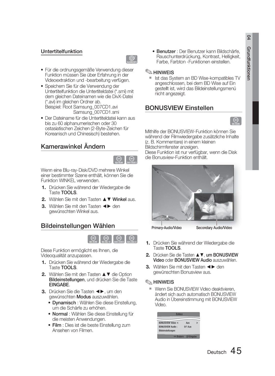 Samsung HT-D5000/XN, HT-D5000/EN Kamerawinkel Ändern, Bildeinstellungen Wählen, Bonusview Einstellen, Untertitelfunktion 