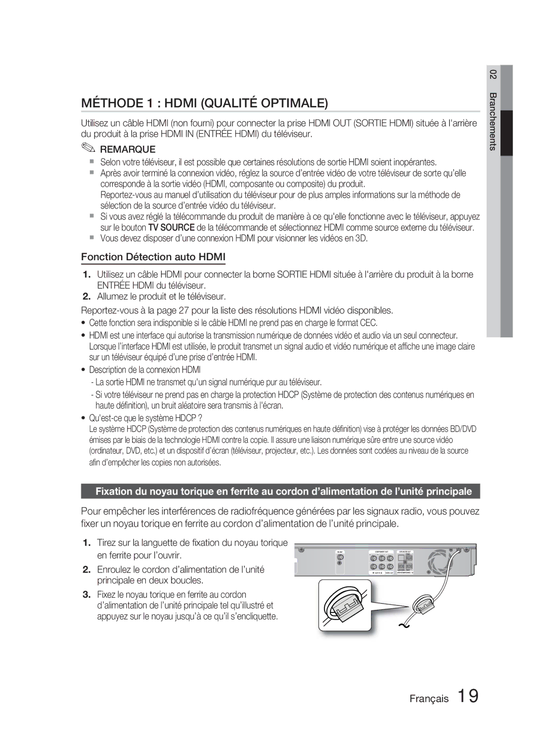 Samsung HT-D5000/EN, HT-D5000/XN, HT-D5000/ZF manual Méthode 1 Hdmi Qualité Optimale, Fonction Détection auto Hdmi 