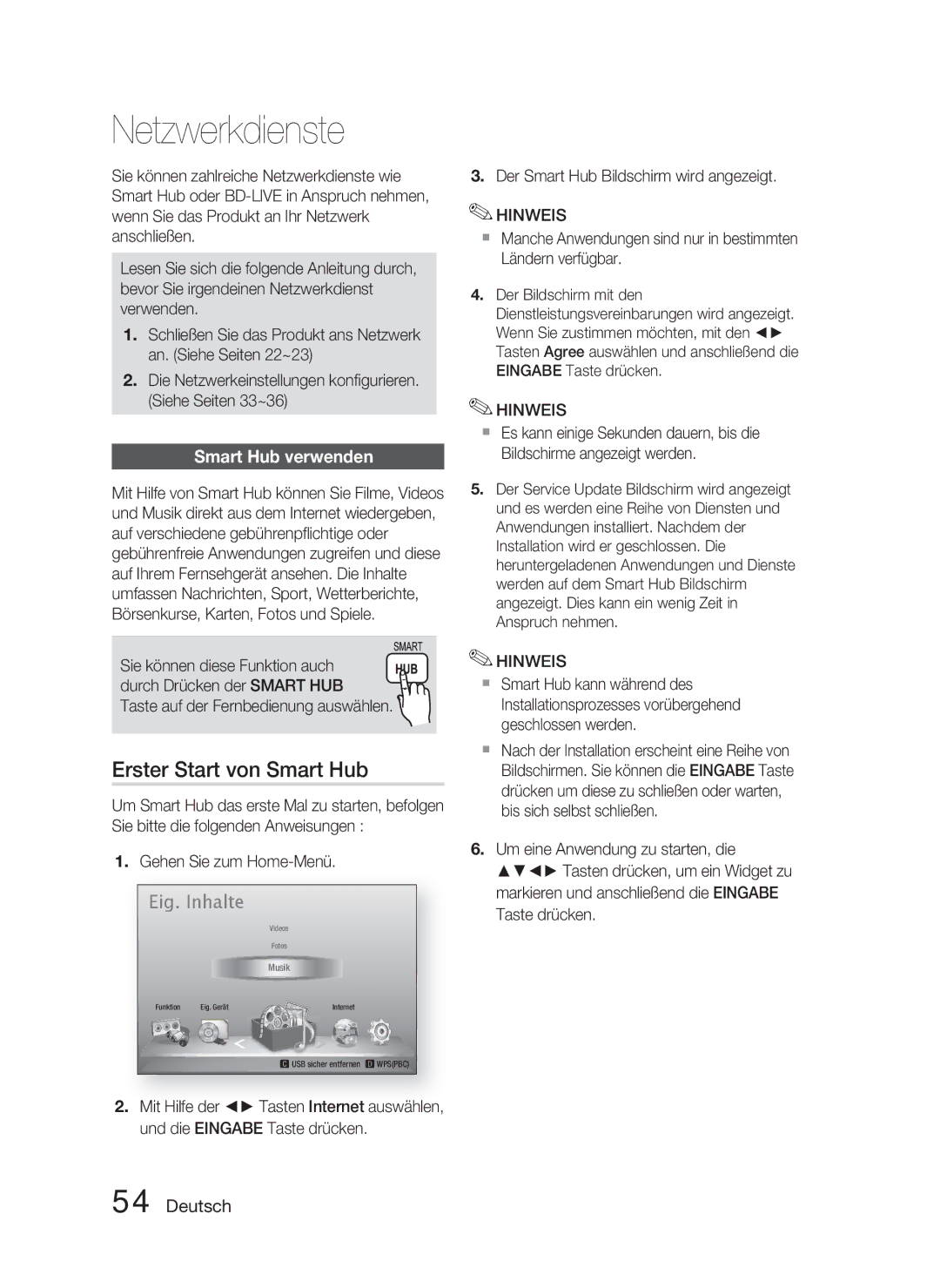 Samsung HT-D5000/XN, HT-D5000/EN, HT-D5000/ZF manual Netzwerkdienste, Erster Start von Smart Hub, Smart Hub verwenden 