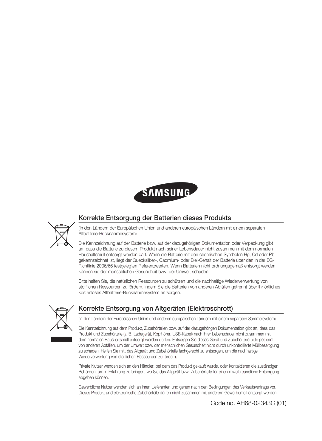 Samsung HT-D5000/XN Korrekte Entsorgung der Batterien dieses Produkts, Korrekte Entsorgung von Altgeräten Elektroschrott 