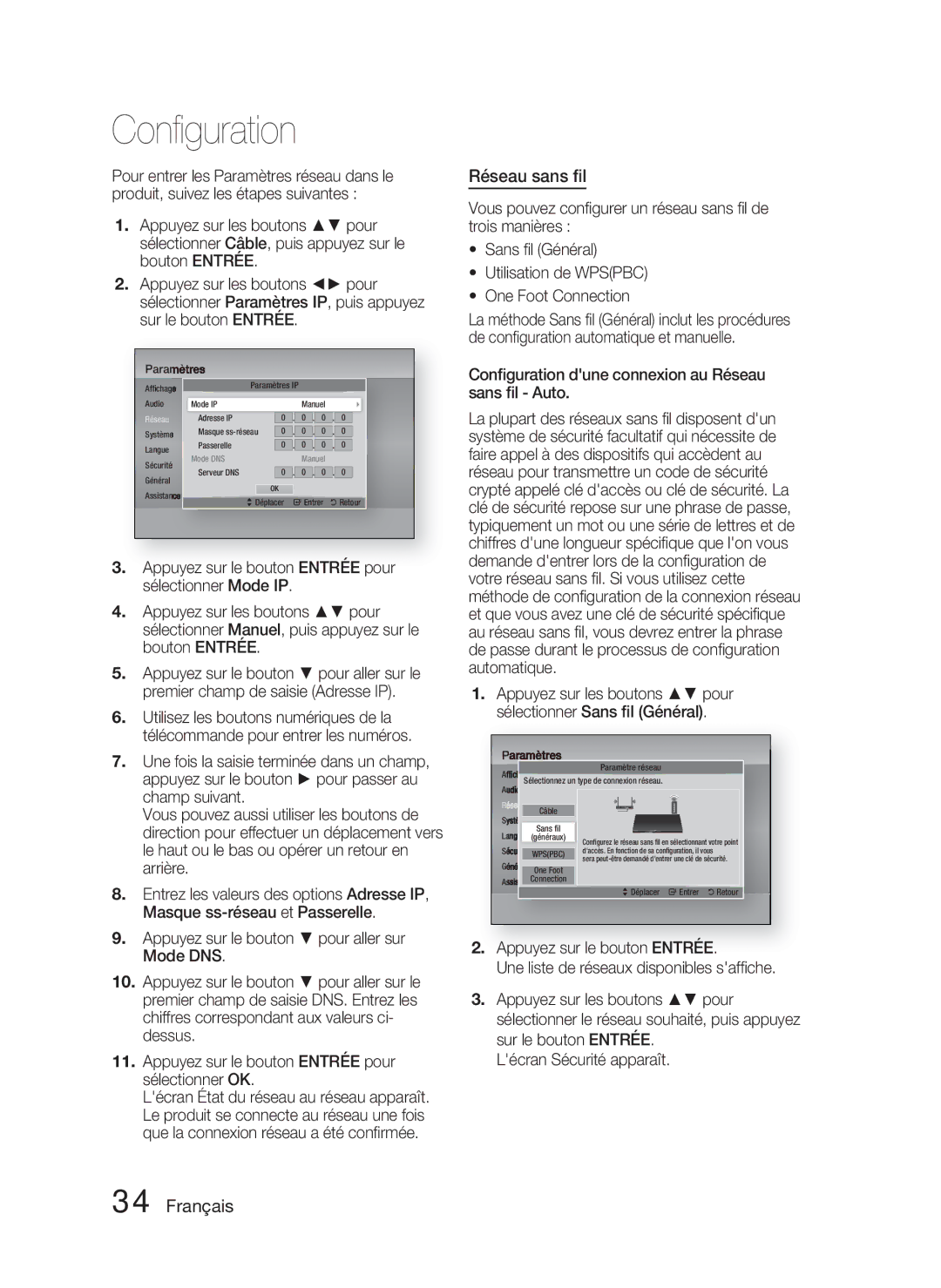 Samsung HT-D5000/EN, HT-D5000/XN, HT-D5000/ZF Réseau sans ﬁl, Appuyez sur les boutons pour sélectionner Sans ﬁl Général 