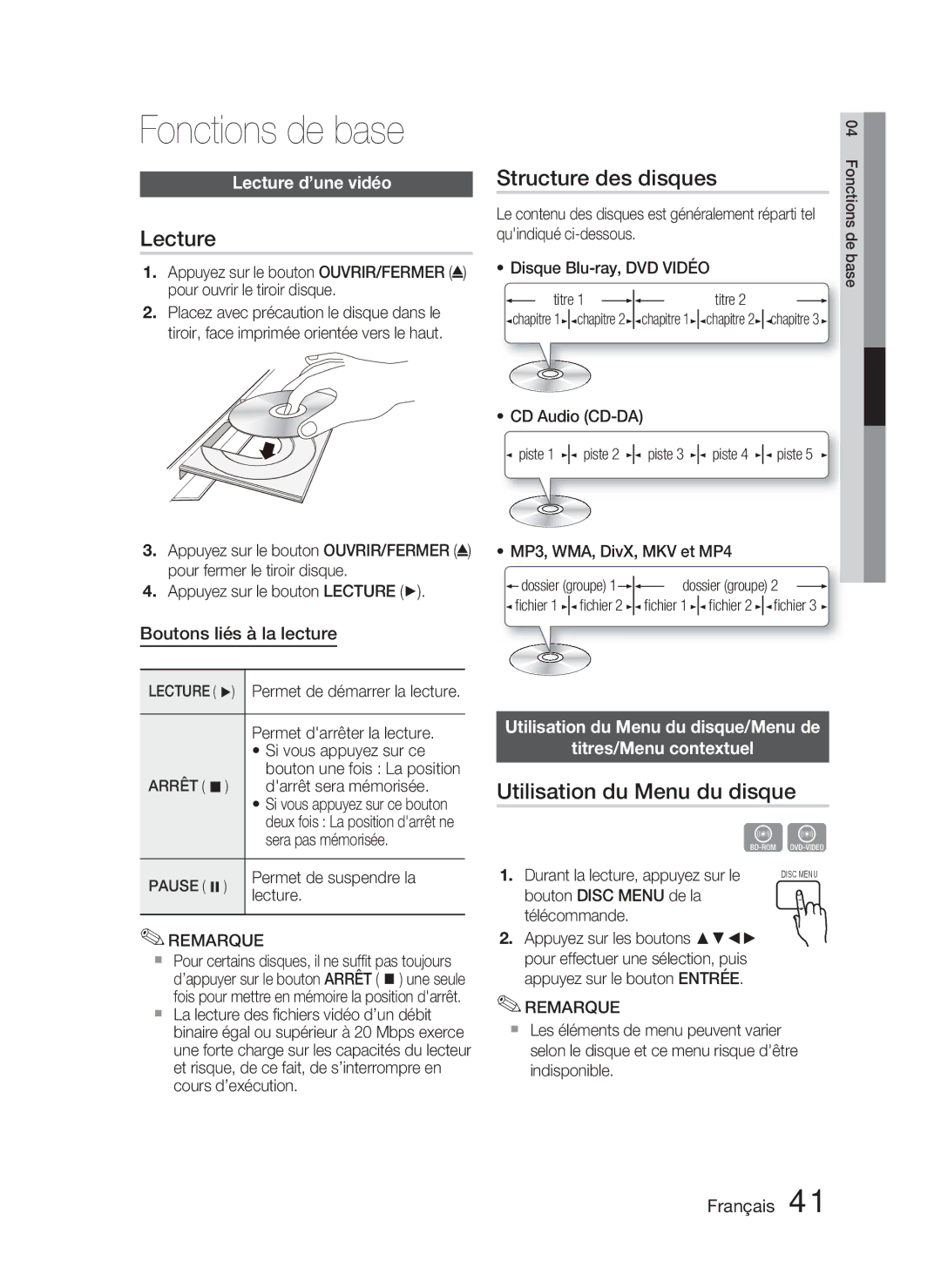 Samsung HT-D5000/ZF manual Fonctions de base, Structure des disques, Utilisation du Menu du disque, Lecture d’une vidéo 