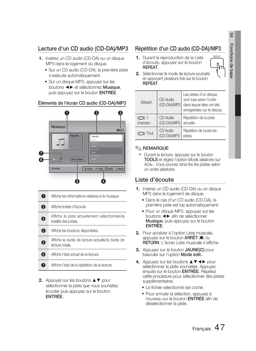 Samsung HT-D5000/ZF, HT-D5000/XN Lecture dun CD audio CD-DA/MP3, Liste d’écoute, Répétition dun CD audio CD-DA/MP3, Repeat 