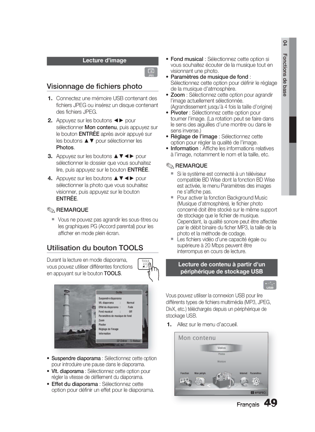 Samsung HT-D5000/EN, HT-D5000/XN, HT-D5000/ZF Visionnage de ﬁchiers photo, Utilisation du bouton Tools, Lecture d’image 