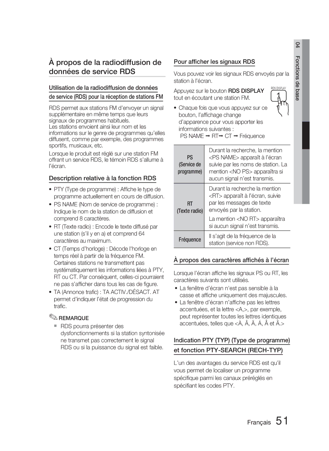 Samsung HT-D5000/XN Propos de la radiodiffusion de données de service RDS, Utilisation de la radiodiffusion de données 