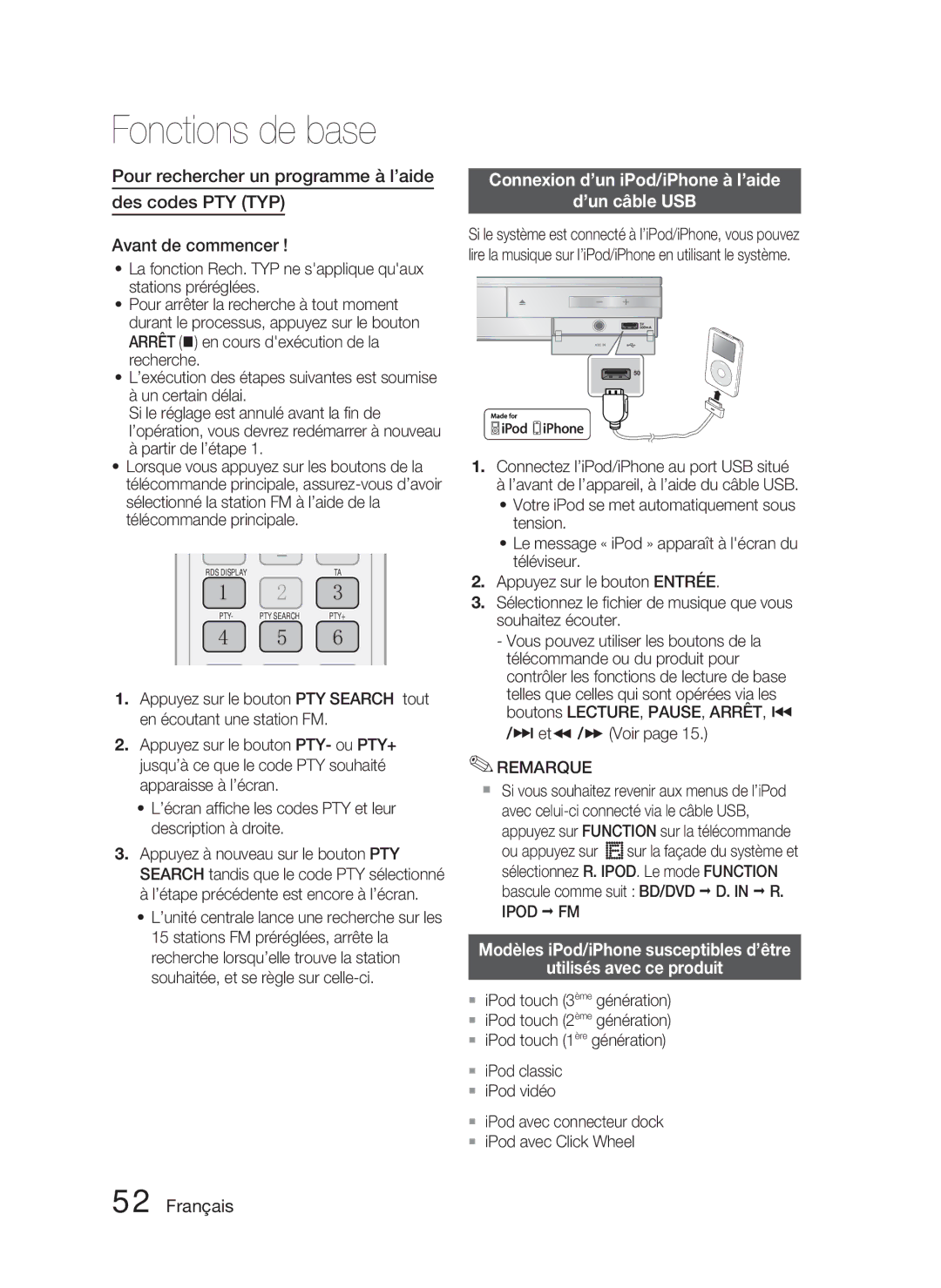 Samsung HT-D5000/EN, HT-D5000/XN, HT-D5000/ZF Connexion d’un iPod/iPhone à l’aide ’un câble USB, $ et / Voir, Ipod FM 