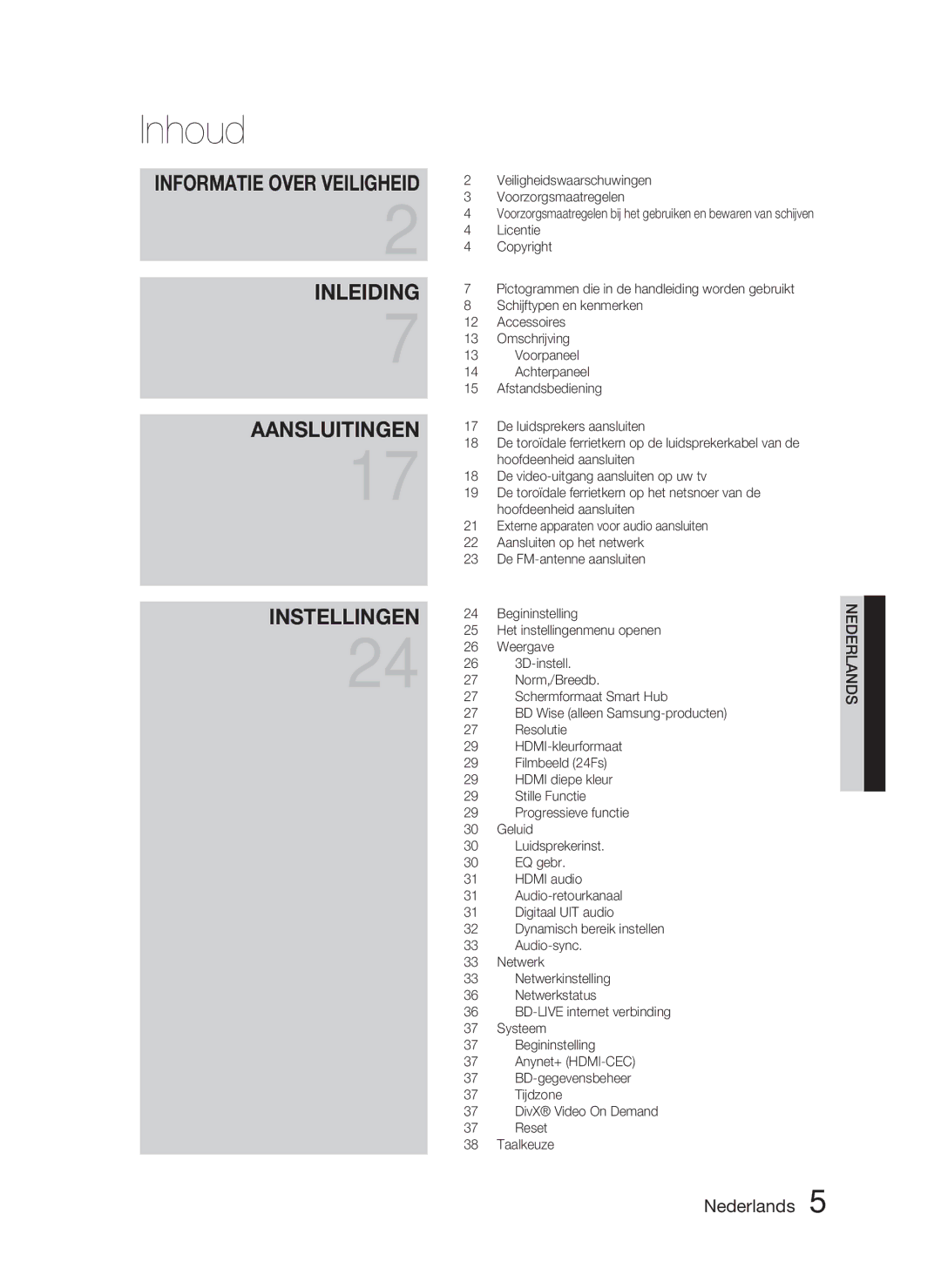 Samsung HT-D5000/ZF, HT-D5000/XN, HT-D5000/EN manual Inhoud 