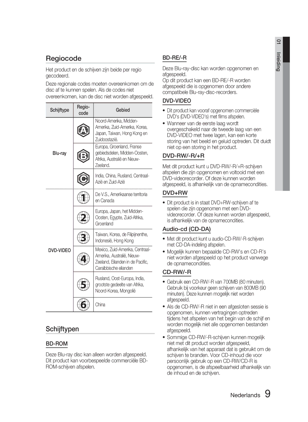 Samsung HT-D5000/XN, HT-D5000/EN, HT-D5000/ZF manual Regiocode, Schijftypen, Audio-cd CD-DA 