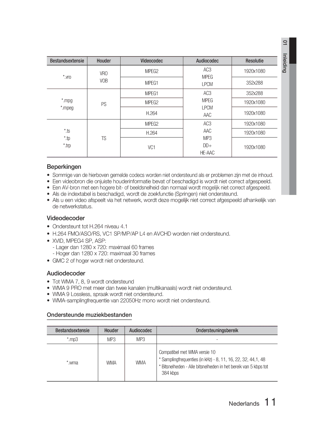 Samsung HT-D5000/ZF, HT-D5000/XN, HT-D5000/EN manual Beperkingen, Videodecoder, Audiodecoder, Ondersteunde muziekbestanden 