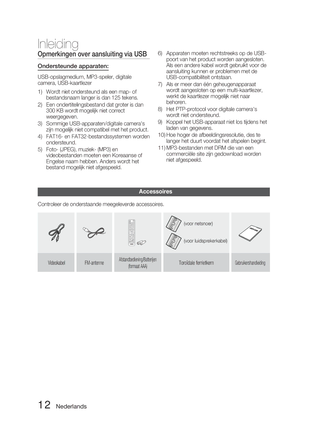 Samsung HT-D5000/XN, HT-D5000/EN, HT-D5000/ZF Opmerkingen over aansluiting via USB, Ondersteunde apparaten, Formaat AAA 