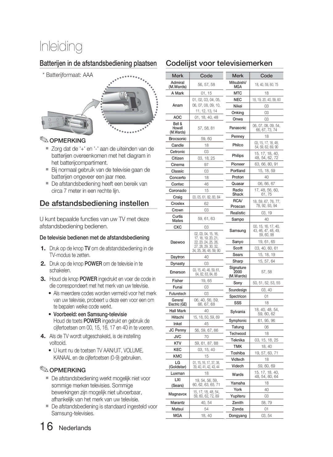 Samsung HT-D5000/EN, HT-D5000/XN, HT-D5000/ZF manual Codelijst voor televisiemerken, De afstandsbediening instellen 