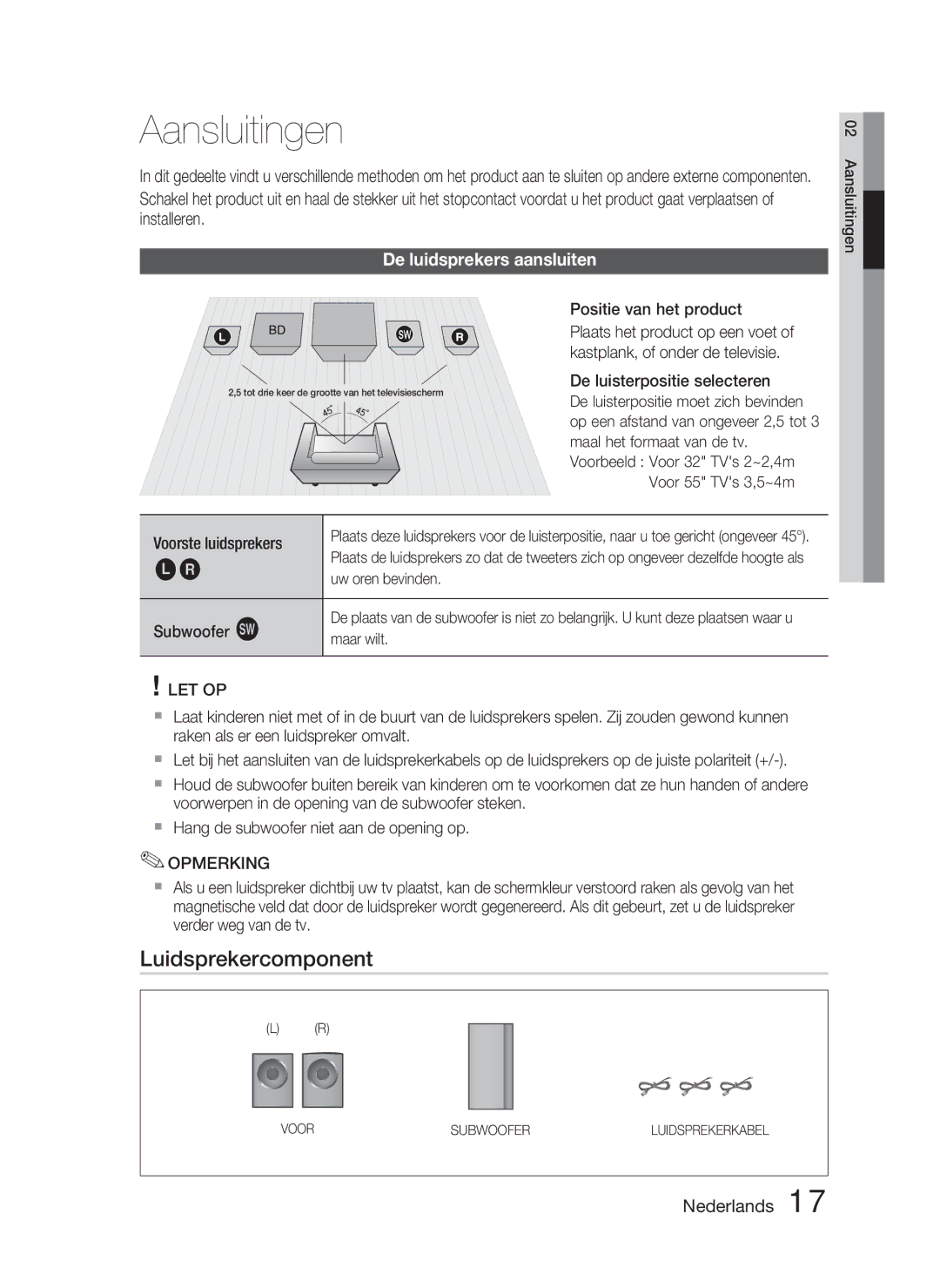 Samsung HT-D5000/ZF, HT-D5000/XN Aansluitingen, Luidsprekercomponent, De luidsprekers aansluiten, Positie van het product 