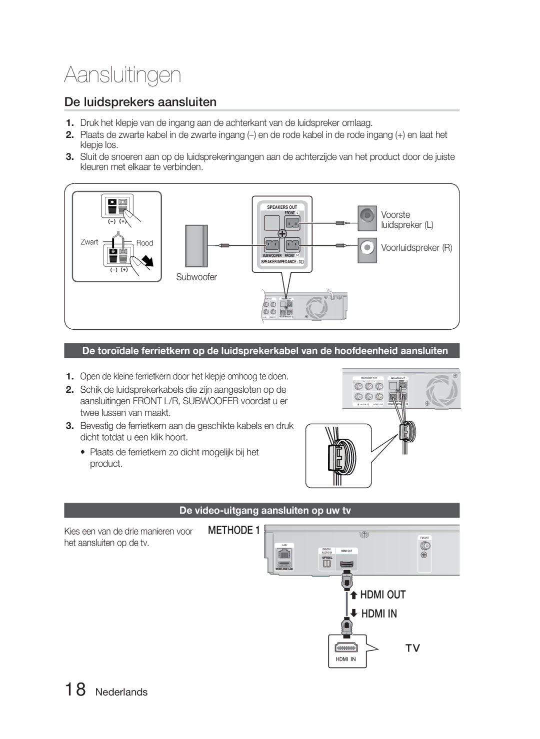 Samsung HT-D5000/XN manual De luidsprekers aansluiten, De video-uitgang aansluiten op uw tv, Subwoofer, Voorluidspreker R 