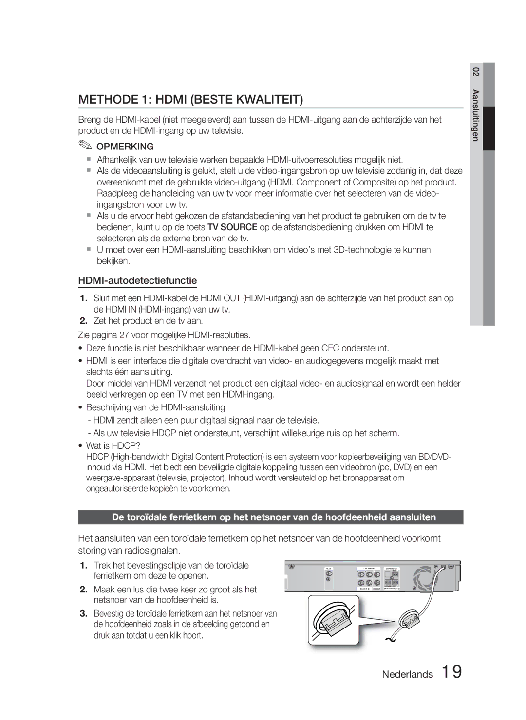 Samsung HT-D5000/EN, HT-D5000/XN, HT-D5000/ZF manual Methode 1 Hdmi Beste Kwaliteit, HDMI-autodetectiefunctie 