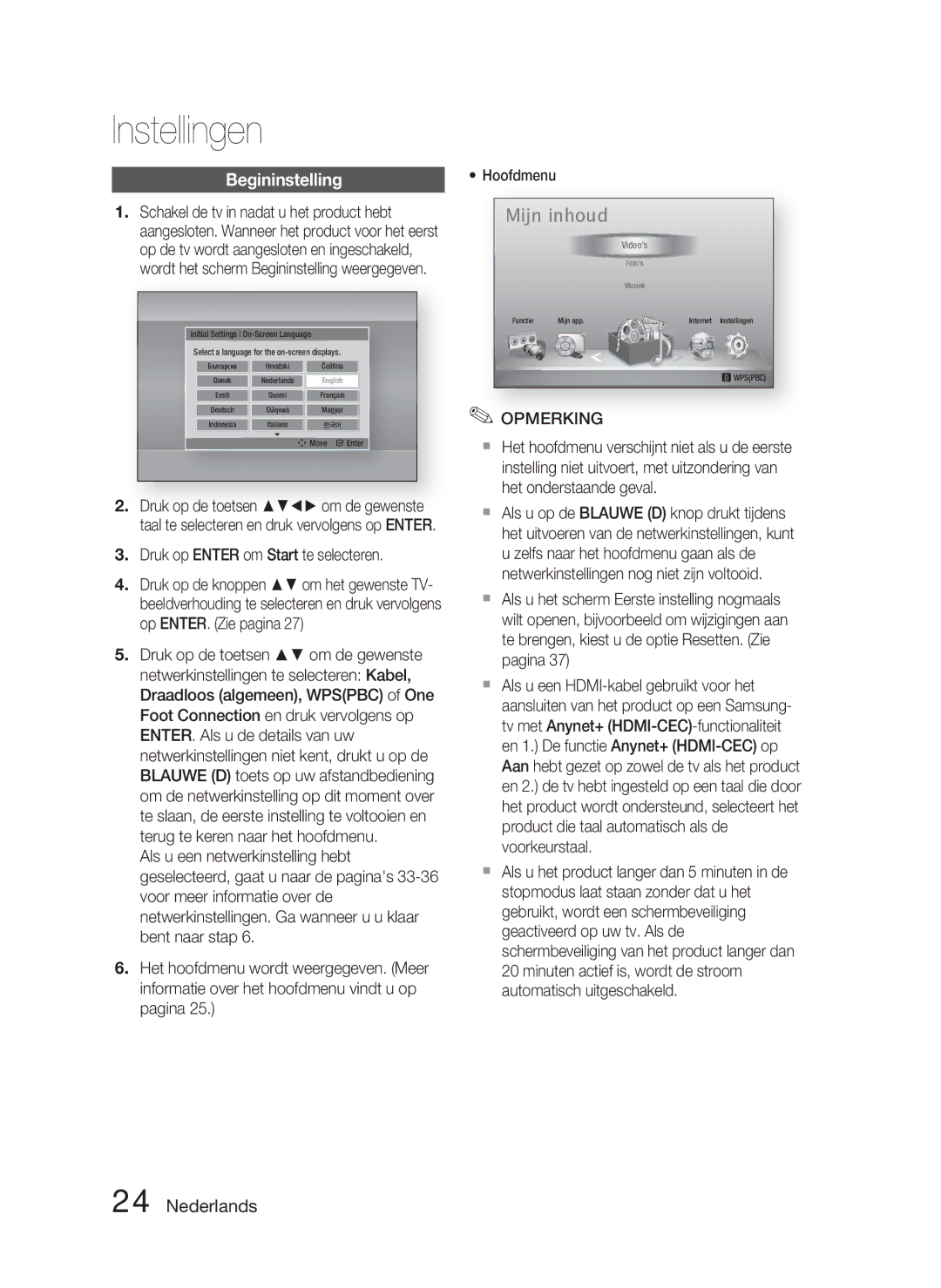 Samsung HT-D5000/XN, HT-D5000/EN, HT-D5000/ZF manual Instellingen, Begininstelling, Druk op Enter om Start te selecteren 