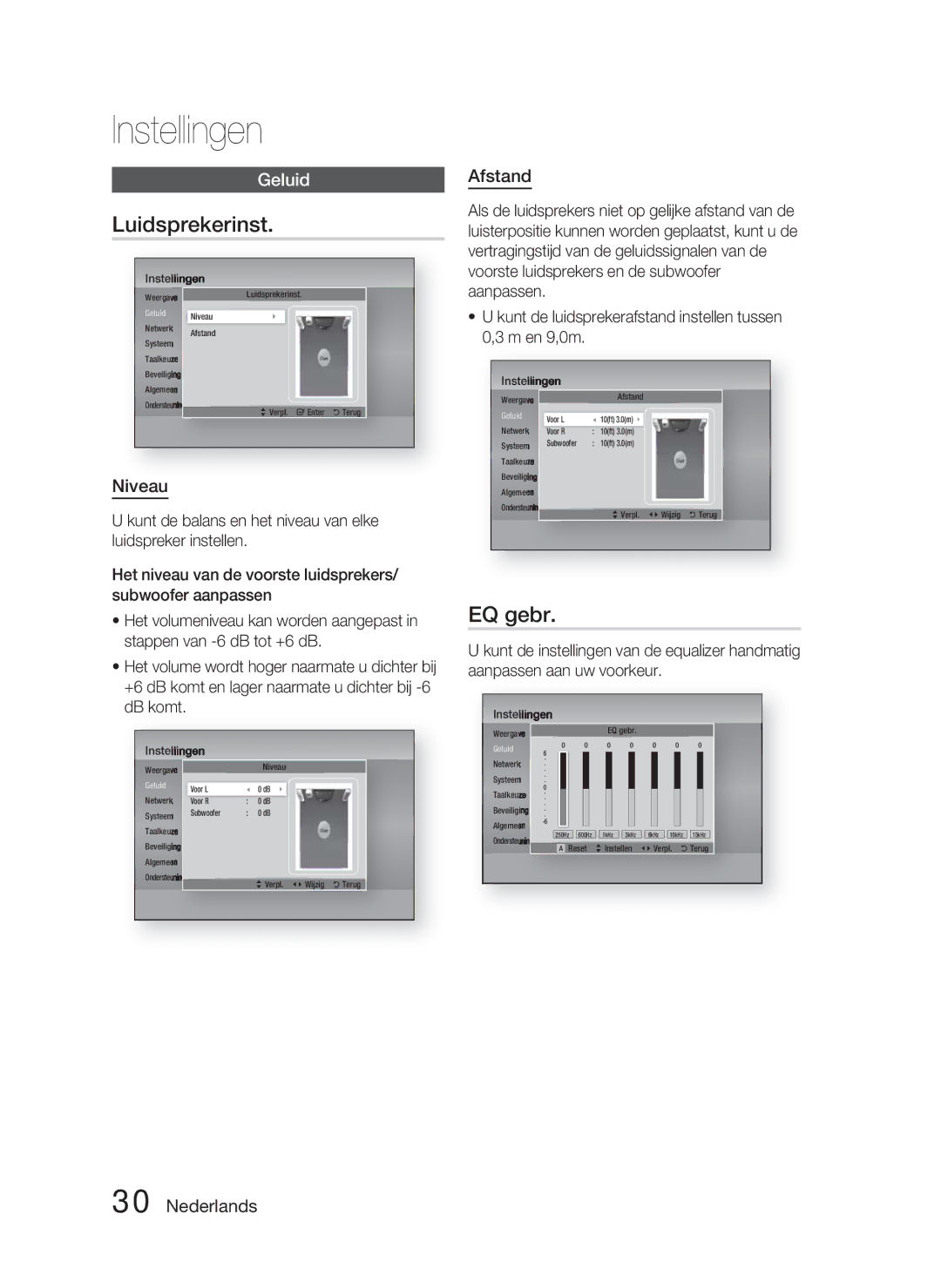 Samsung HT-D5000/XN, HT-D5000/EN, HT-D5000/ZF manual Luidsprekerinst, EQ gebr, Afstand, En 9,0m 