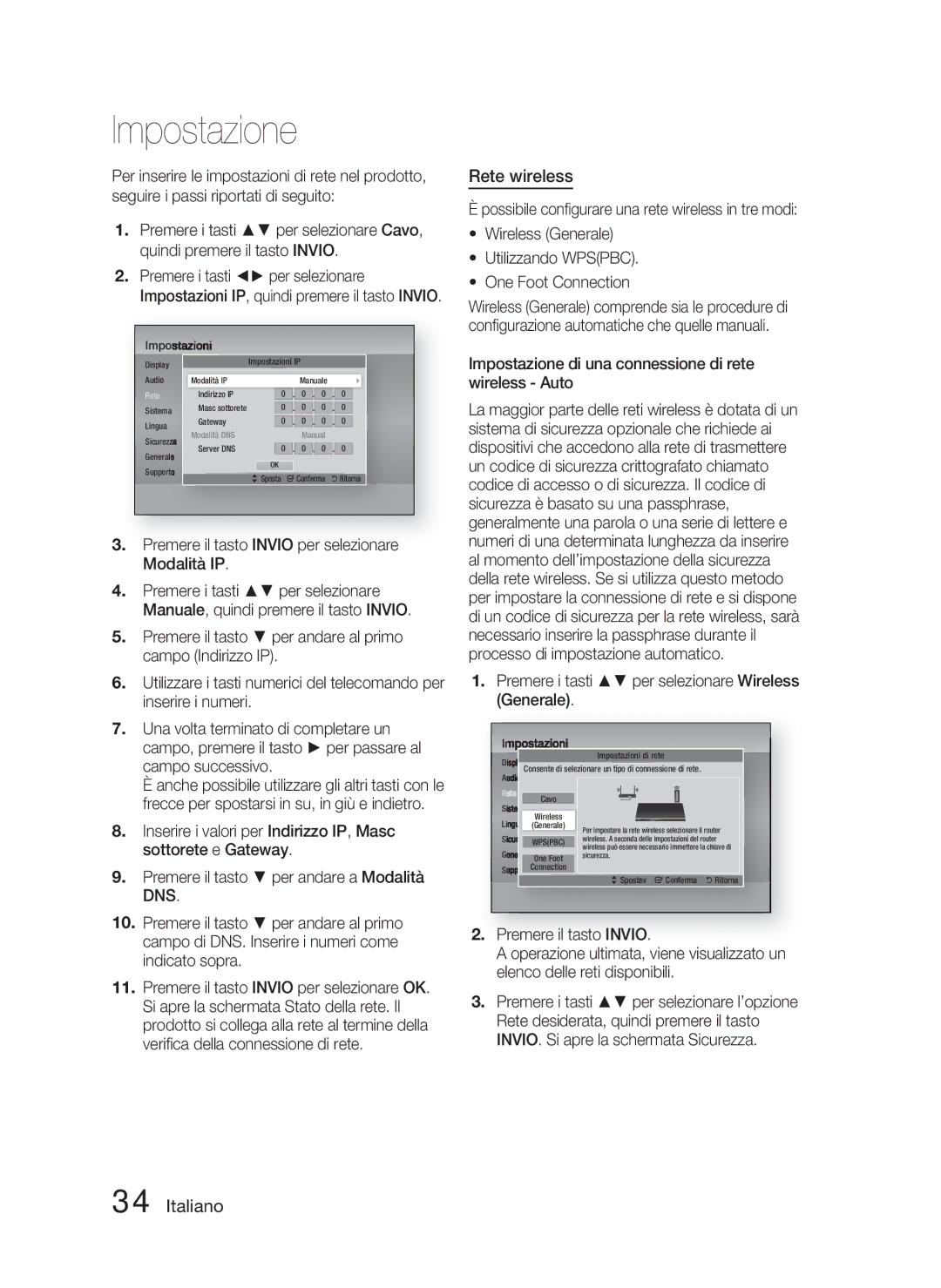 Samsung HT-D5000/ZF manual Rete wireless, Impostazione di una connessione di rete wireless Auto 