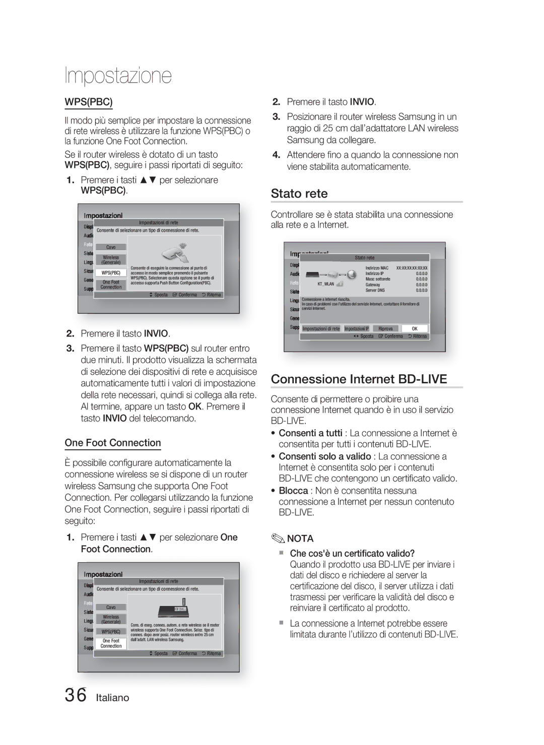 Samsung HT-D5000/ZF manual Stato rete, Connessione Internet BD-LIVE, Premere i tasti per selezionare Wpspbc 