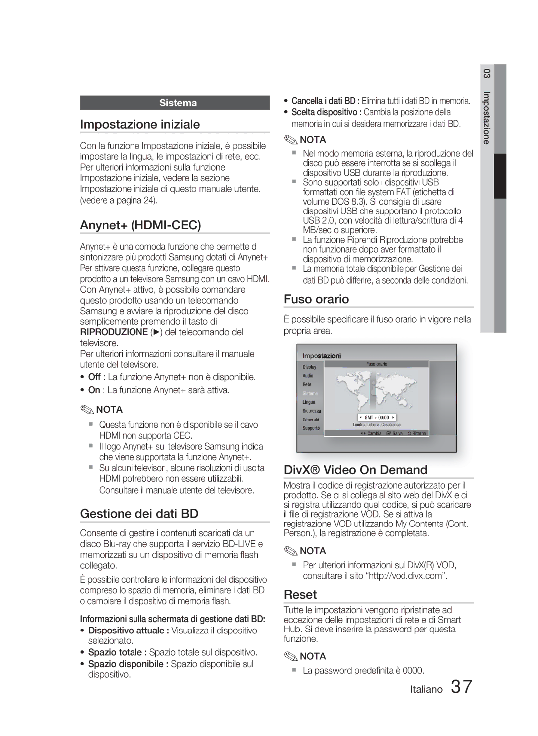 Samsung HT-D5000/ZF manual Impostazione iniziale, Gestione dei dati BD, Fuso orario, DivX Video On Demand, Reset 