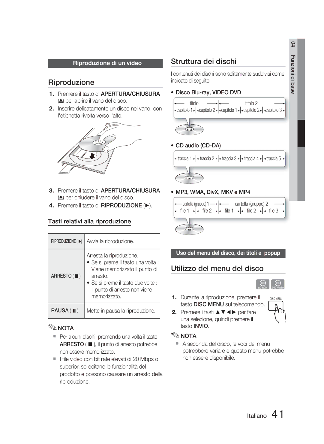 Samsung HT-D5000/ZF manual Struttura dei dischi, Utilizzo del menu del disco, Riproduzione di un video 