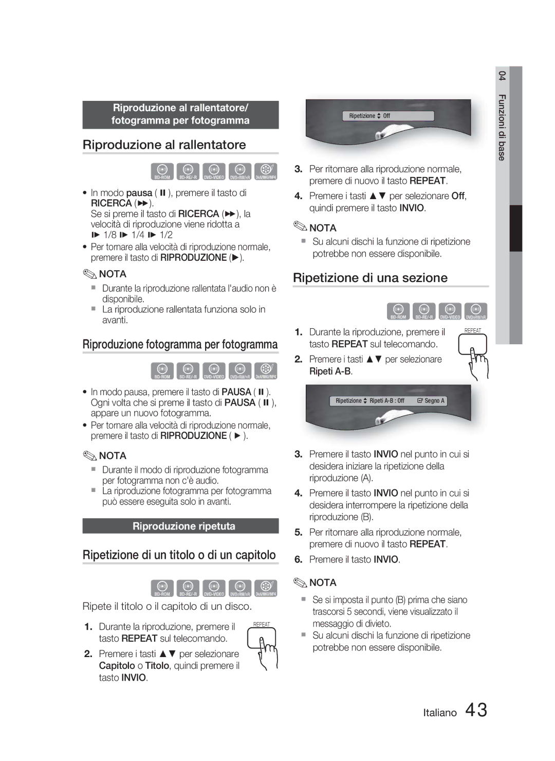 Samsung HT-D5000/ZF manual Riproduzione al rallentatore, Ripetizione di una sezione, Riproduzione ripetuta 