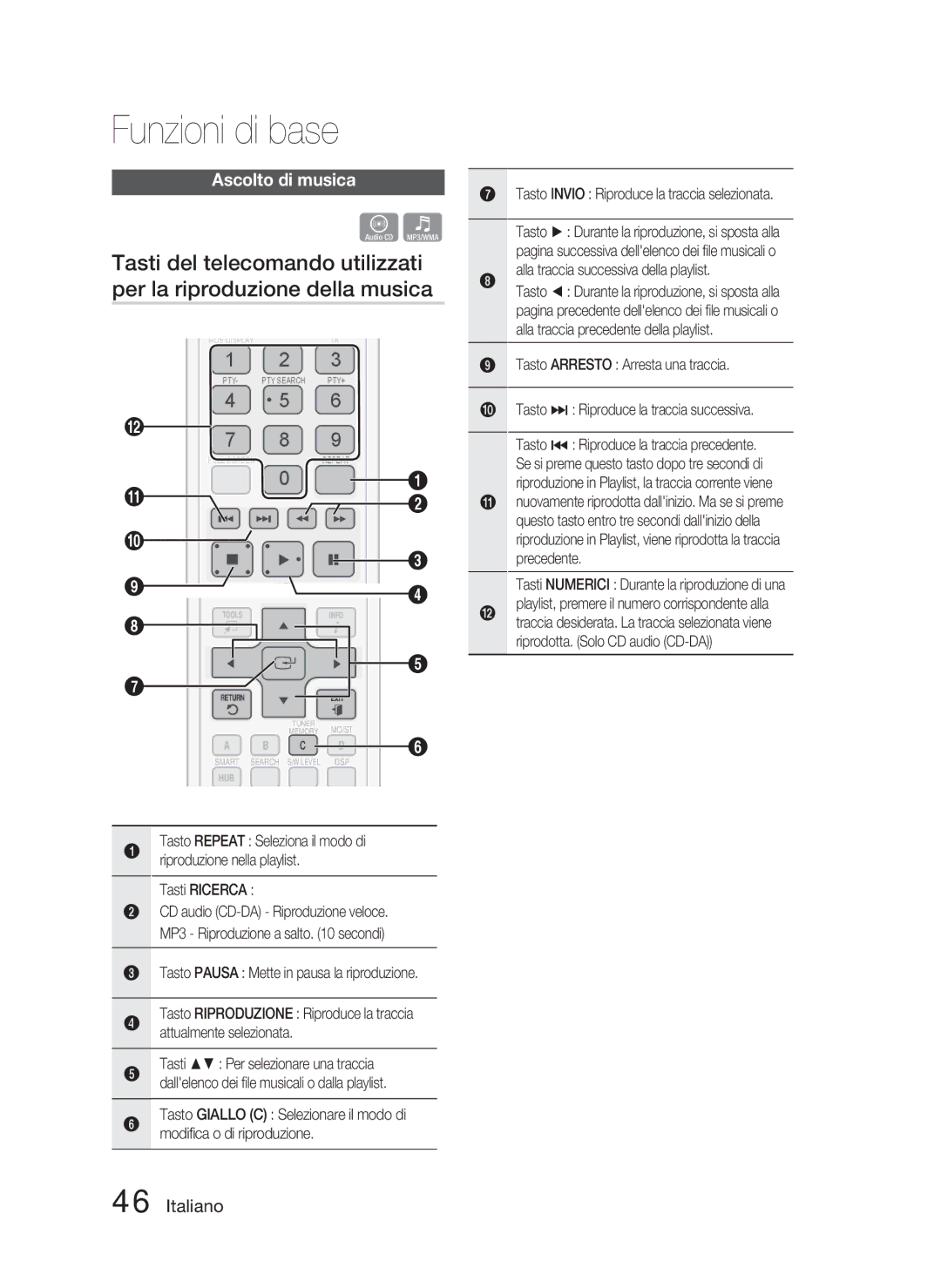 Samsung HT-D5000/ZF manual Ascolto di musica, Tasti Ricerca, Alla traccia successiva della playlist 