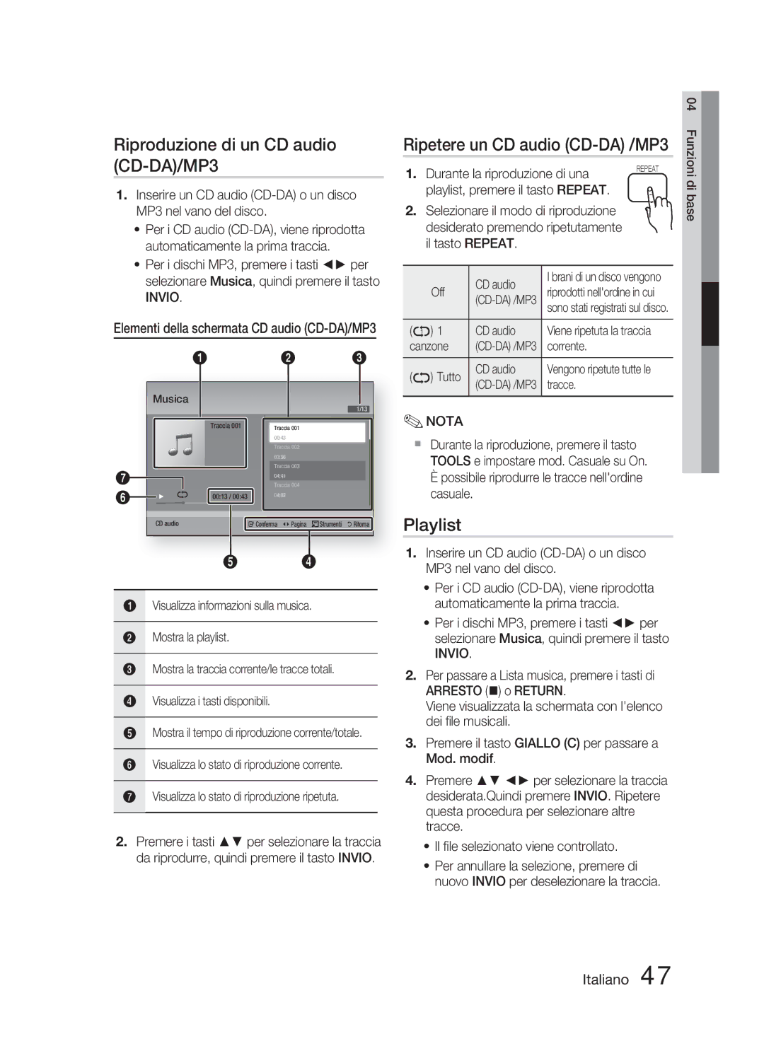 Samsung HT-D5000/ZF manual Riproduzione di un CD audio CD-DA/MP3, Playlist 