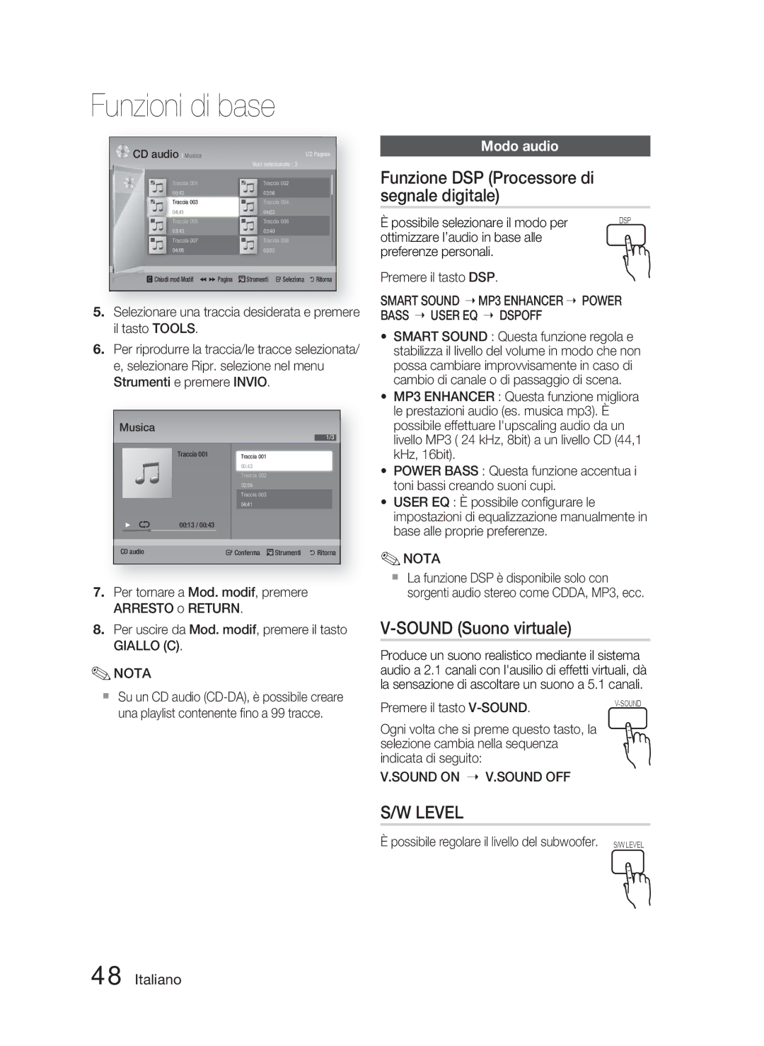 Samsung HT-D5000/ZF manual Funzione DSP Processore di segnale digitale, Sound Suono virtuale, Modo audio 