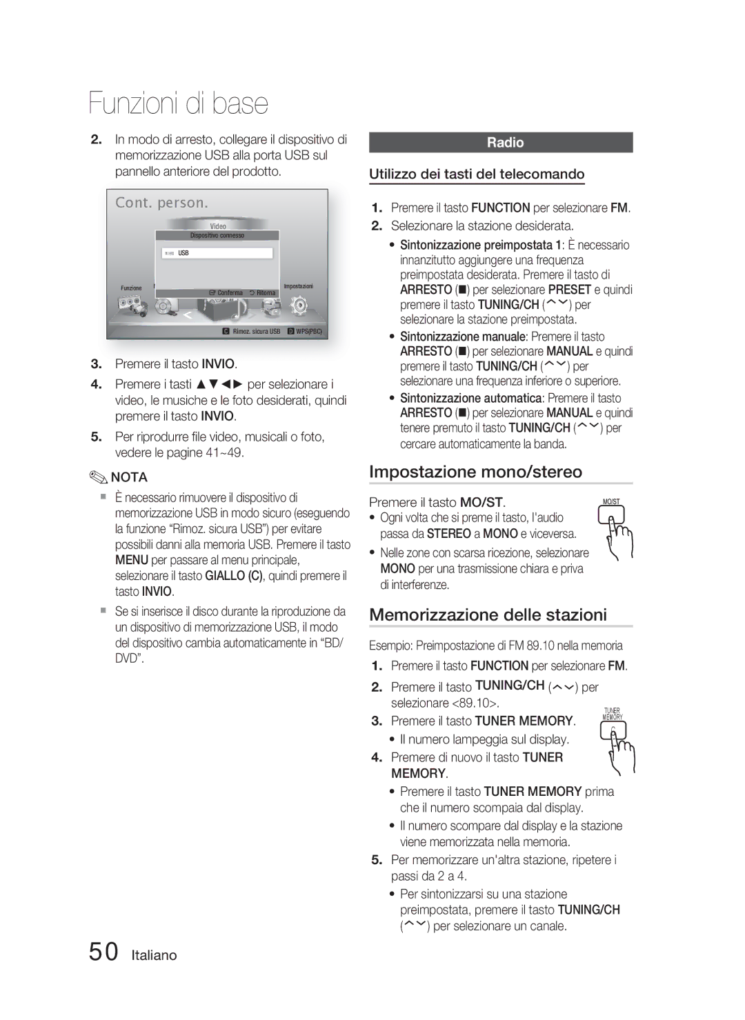 Samsung HT-D5000/ZF Impostazione mono/stereo, Memorizzazione delle stazioni, Radio, Utilizzo dei tasti del telecomando 