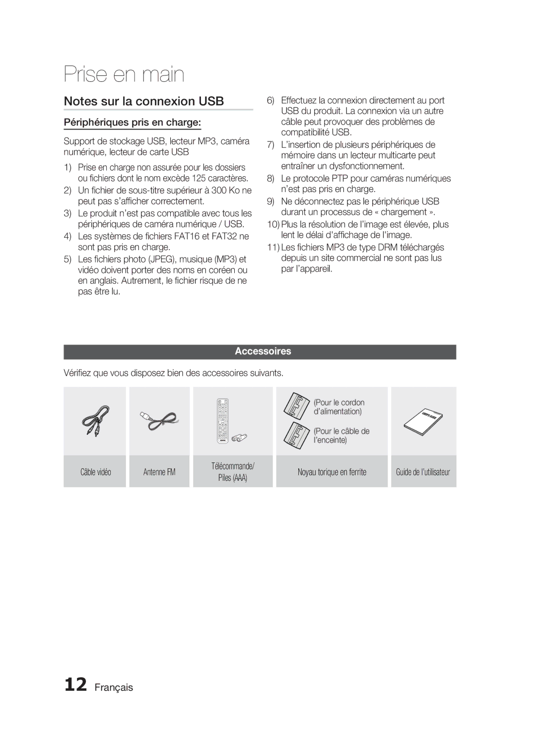 Samsung HT-D5000/ZF manual Prise en main, Accessoires 