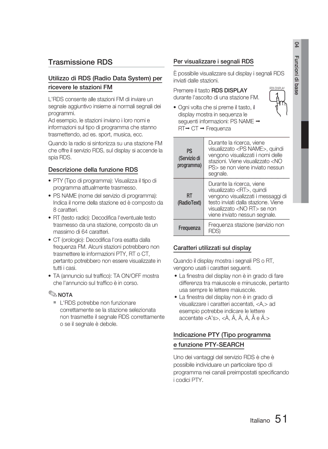 Samsung HT-D5000/ZF manual Trasmissione RDS, Descrizione della funzione RDS, Per visualizzare i segnali RDS 