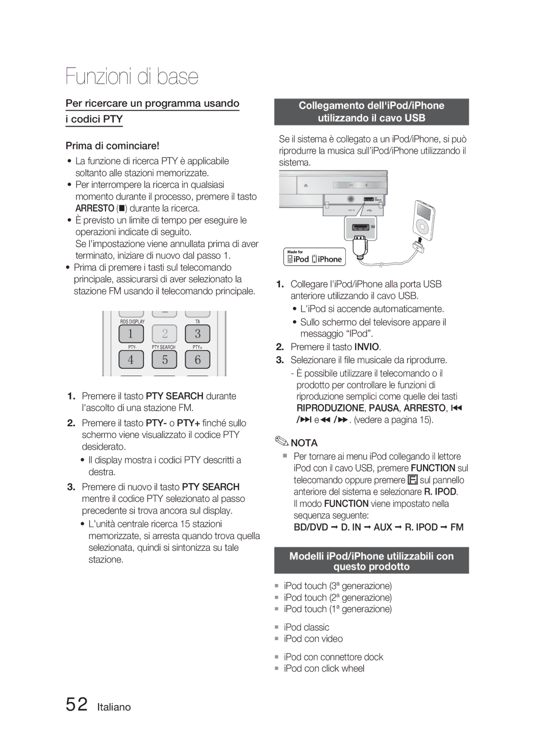 Samsung HT-D5000/ZF manual Collegamento delliPod/iPhone Utilizzando il cavo USB, Riproduzione, Pausa, Arresto, # 