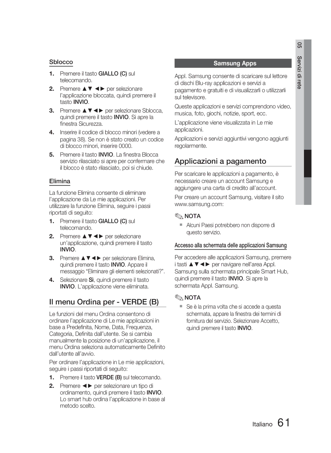 Samsung HT-D5000/ZF manual Il menu Ordina per Verde B, Applicazioni a pagamento, Sblocco, Elimina, Samsung Apps 