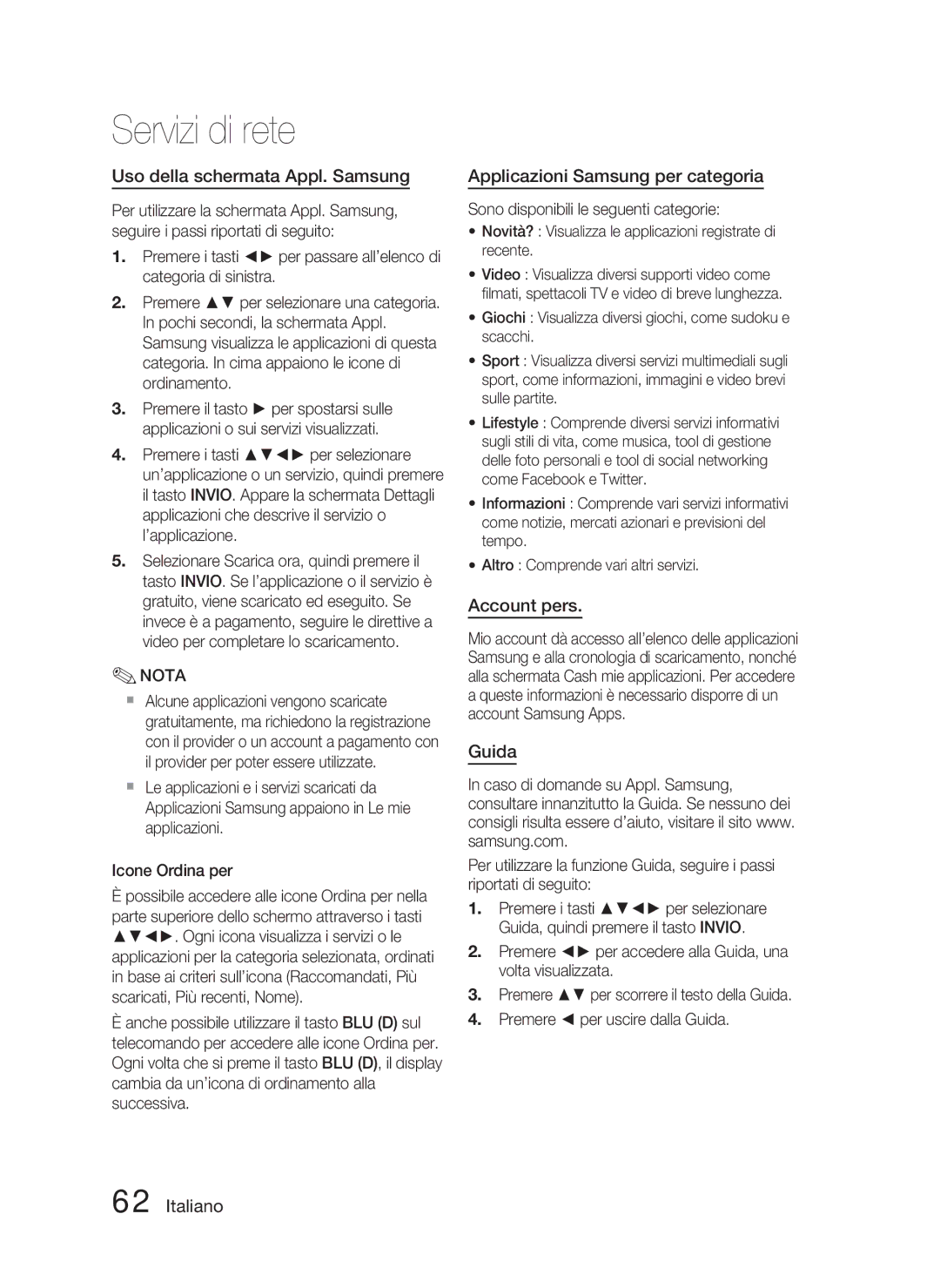 Samsung HT-D5000/ZF manual Uso della schermata Appl. Samsung, Applicazioni Samsung per categoria, Account pers, Guida 