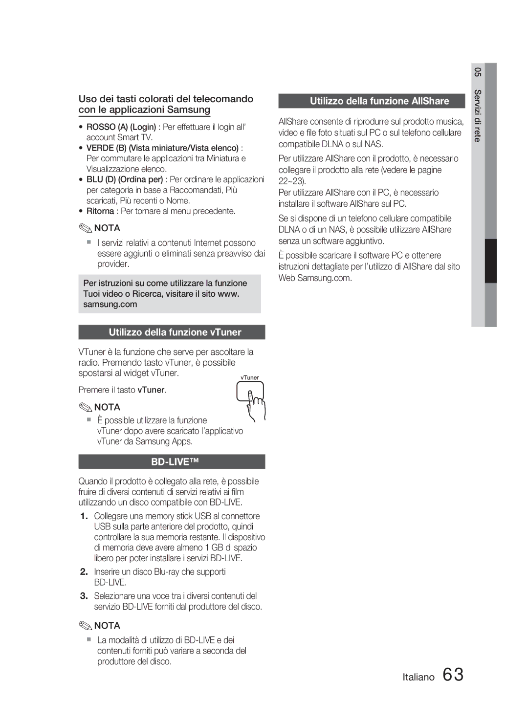 Samsung HT-D5000/ZF Utilizzo della funzione AllShare, Utilizzo della funzione vTuner,  È possible utilizzare la funzione 