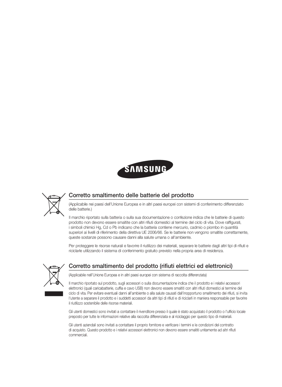 Samsung HT-D5000/ZF manual Corretto smaltimento delle batterie del prodotto 