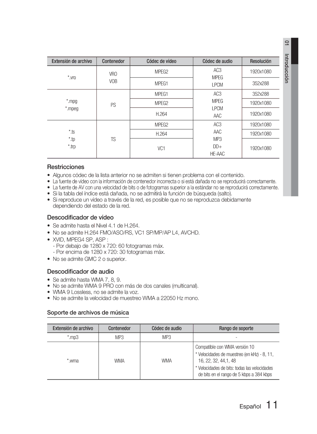 Samsung HT-D5000/ZF manual Restricciones, Descodiﬁcador de vídeo, Descodiﬁcador de audio, Soporte de archivos de música 