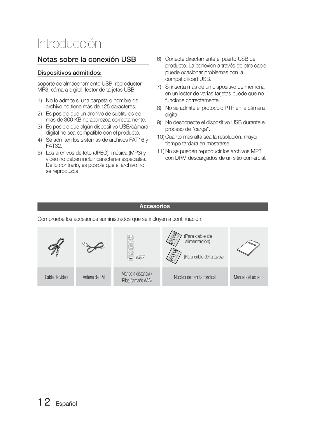 Samsung HT-D5000/ZF manual Notas sobre la conexión USB, Dispositivos admitidos, Accesorios 